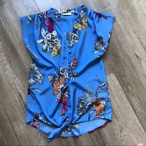 New York & Company Blue Butterfly Print Blouse XS
